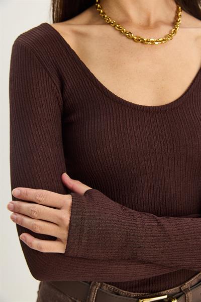Kadın U Yaka Likralı Basic Bluz 4102 60283783 - Acı Kahve
