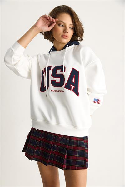 Kadın USA İşlemeli Şardonlu Kapüşonlu Salaş Sweatshirt 10010 60283527 - Beyaz