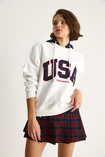 Kadın USA İşlemeli Şardonlu Kapüşonlu Salaş Sweatshirt 10010 60283527 - Beyaz