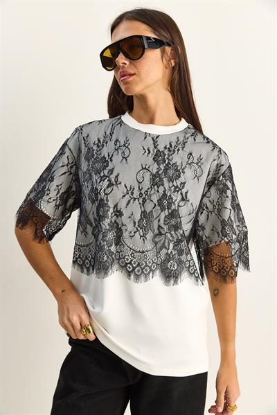 Kadın Üstü Dantel Detaylı Oversize Basic T-Shirt 1092 60286104 - Beyaz-Siyah
