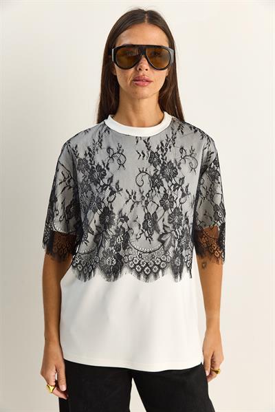 Kadın Üstü Dantel Detaylı Oversize Basic T-Shirt 1092 60286104 - Beyaz-Siyah