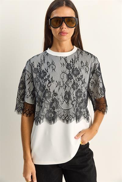 Kadın Üstü Dantel Detaylı Oversize Basic T-Shirt 1092 60286104 - Beyaz-Siyah