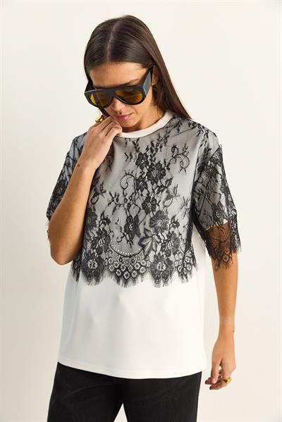Kadın Üstü Dantel Detaylı Oversize Basic T-Shirt 1092 60286104 - Beyaz-Siyah
