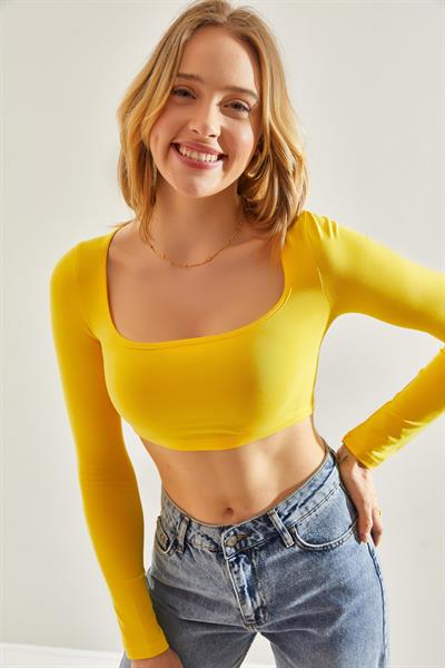 Kadın Uzun Kol Kare Yaka Crop Bluz 60251250 - Sarı