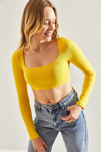 Kadın Uzun Kol Kare Yaka Crop Bluz 60251250 - Sarı