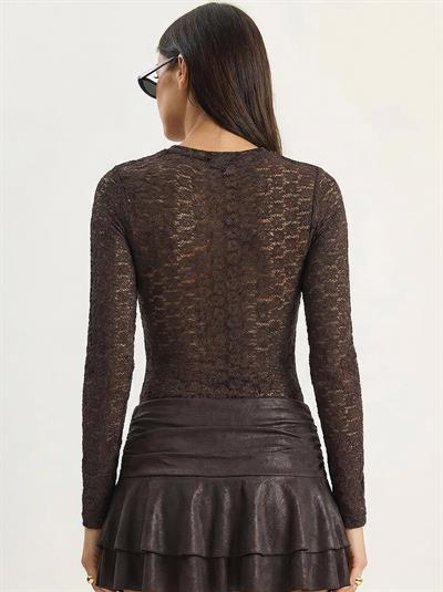 Kadın Uzun Kollu Yarım Balıkçı Yaka Transparan Tül Dantel Bodysuit 1034 60283930 - Kahverengi