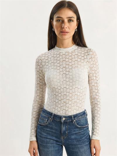 Kadın Uzun Kollu Yarım Balıkçı Yaka Transparan Tül Dantel Bodysuit 1034 60283930 - Beyaz