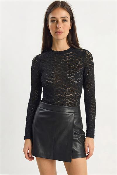 Kadın Uzun Kollu Yarım Balıkçı Yaka Transparan Tül Dantel Bodysuit 1034 60283930 - Siyah