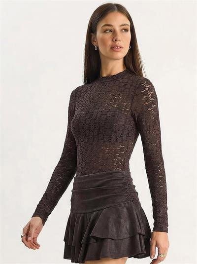 Kadın Uzun Kollu Yarım Balıkçı Yaka Transparan Tül Dantel Bodysuit 1034 60283930 - Kahverengi