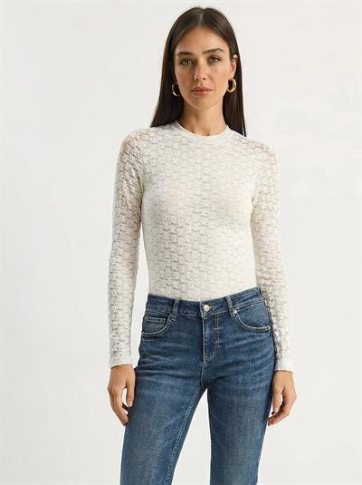 Kadın Uzun Kollu Yarım Balıkçı Yaka Transparan Tül Dantel Bodysuit 1034 60283930 - Beyaz