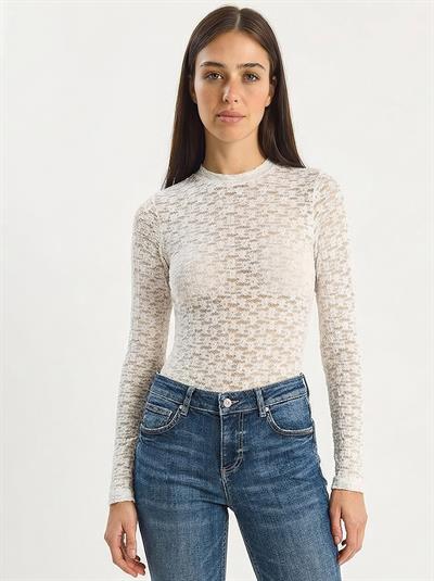 Kadın Uzun Kollu Yarım Balıkçı Yaka Transparan Tül Dantel Bodysuit 1034 60283930 - Beyaz