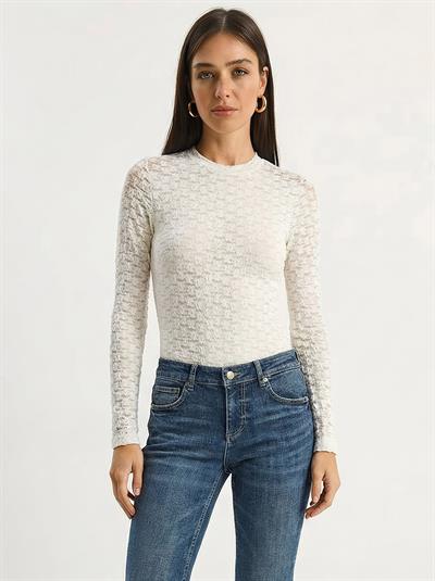 Kadın Uzun Kollu Yarım Balıkçı Yaka Transparan Tül Dantel Bodysuit 1034 60283930 - Beyaz