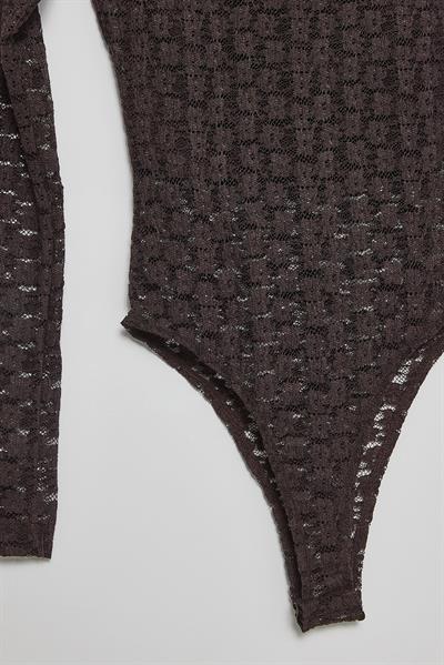 Kadın Uzun Kollu Yarım Balıkçı Yaka Transparan Tül Dantel Bodysuit 1034 60283930 - Kahverengi