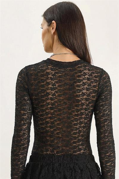 Kadın Uzun Kollu Yarım Balıkçı Yaka Transparan Tül Dantel Bodysuit 1034 60283930 - Siyah