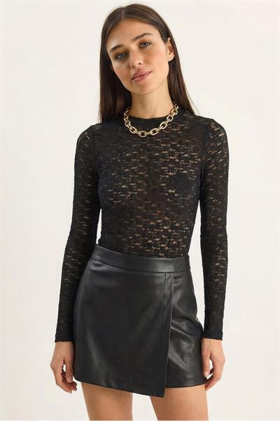 Kadın Uzun Kollu Yarım Balıkçı Yaka Transparan Tül Dantel Bodysuit 1034 60283930 - Siyah