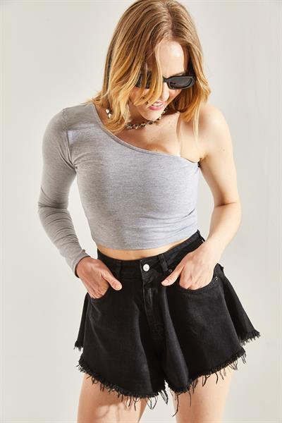 Kadın Uzun Tek Omuz Crop Bluz 60251257 - Gri