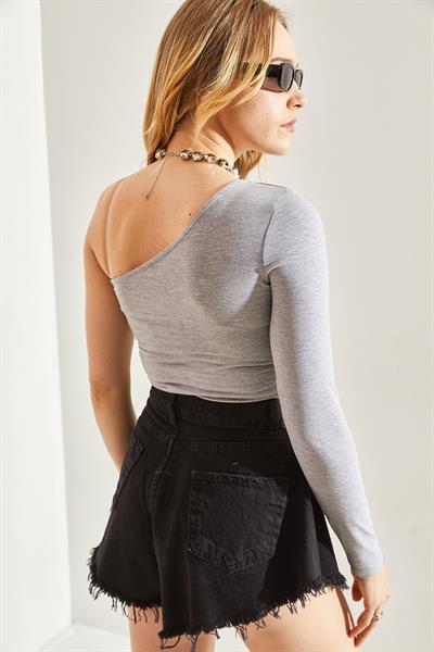 Kadın Uzun Tek Omuz Crop Bluz 60251257 - Gri