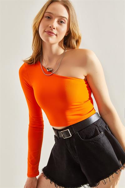 Kadın Uzun Tek Omuz Crop Bluz 60251257 - turuncu