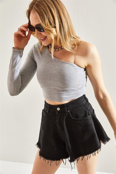 Kadın Uzun Tek Omuz Crop Bluz 60251257 - Gri