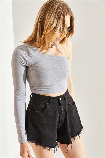 Kadın Uzun Tek Omuz Crop Bluz 60251257 - Gri