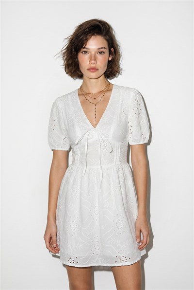 Kadın V Yaka Bağlama Detaylı Sırt Dekolteli Balon Kollu Astarlı Mini Elbise 4232 60286347 - Beyaz
