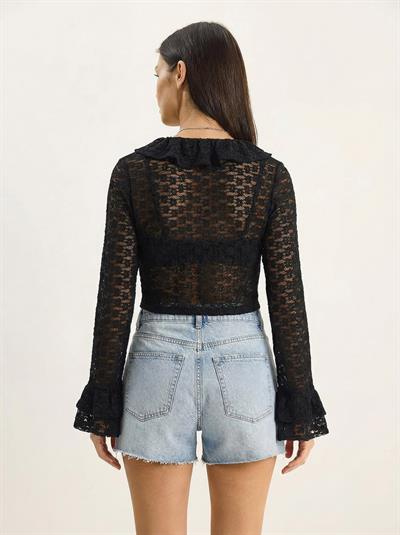 Kadın V Yaka Bağlamalı Önü Fırfırlı Transparan Dantel Crop Bluz 1033 60283939 - Siyah
