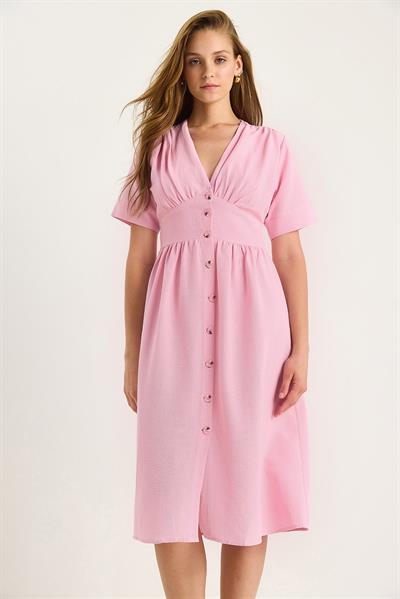 Kadın V Yaka Bel Detaylı Düğmeli Kısa Kollu Viskon Keten Elbise 5260 60281100 - Şeker Pembe
