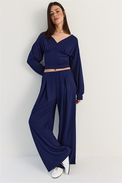 Kadın V Yaka Bel Korsajlı Crop Bluz Bel Pileli Palazzo Pantolon Modal Takım 0480 60286539 - Lacivert