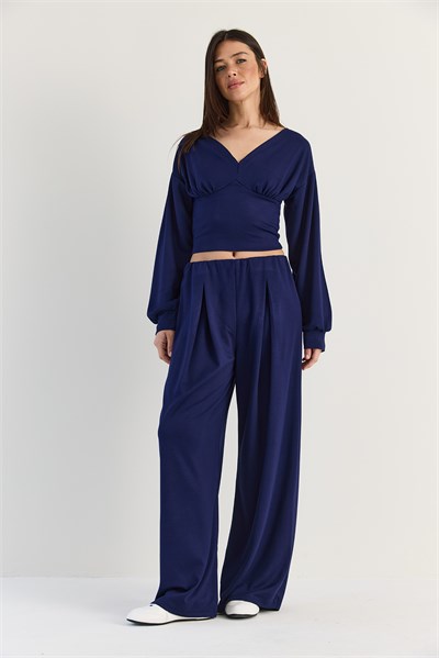 Kadın V Yaka Bel Korsajlı Crop Bluz Bel Pileli Palazzo Pantolon Modal Takım 0480 60286539 - Lacivert