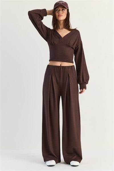 Kadın V Yaka Bel Korsajlı Crop Bluz Bel Pileli Palazzo Pantolon Modal Takım 0480 60286539 - Acı Kahve ALT - ÜST TAKIM modelleri