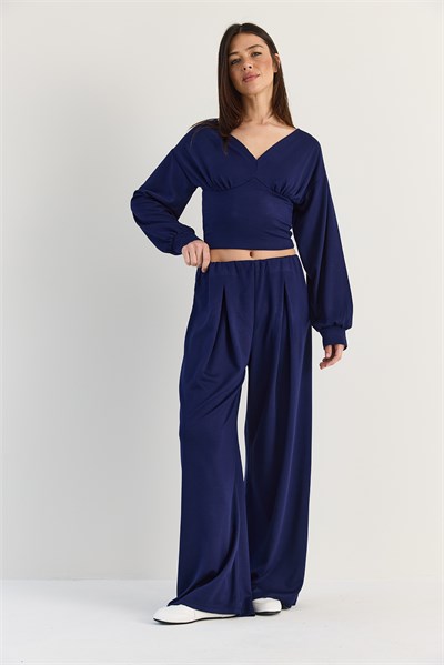 Kadın V Yaka Bel Korsajlı Crop Bluz Bel Pileli Palazzo Pantolon Modal Takım 0480 60286539 - Lacivert