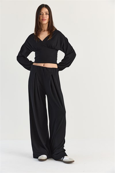 Kadın V Yaka Bel Korsajlı Crop Bluz Bel Pileli Palazzo Pantolon Modal Takım 0480 60286539 - Siyah