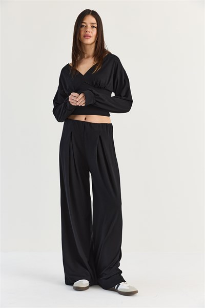 Kadın V Yaka Bel Korsajlı Crop Bluz Bel Pileli Palazzo Pantolon Modal Takım 0480 60286539 - Siyah