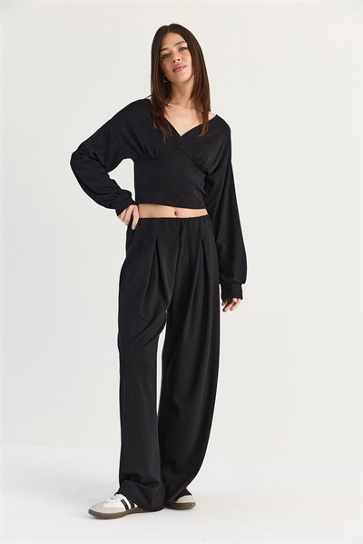 Kadın V Yaka Bel Korsajlı Crop Bluz Bel Pileli Palazzo Pantolon Modal Takım 0480 60286539 - Siyah