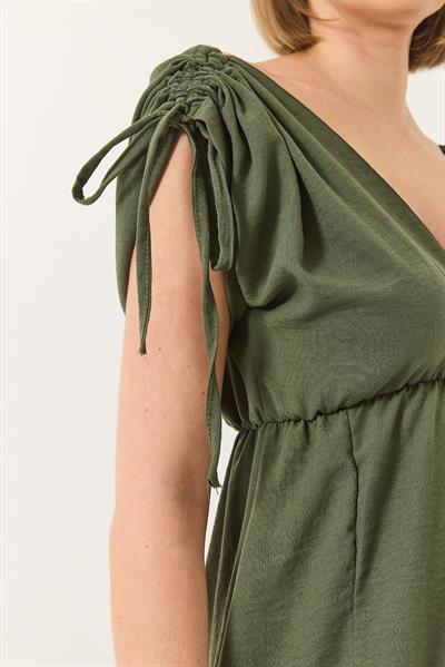 Kadın V Yaka Beli Lastikli Yırtmaçlı Bağlama Detaylı Keten Dokulu Elbise 437 60283175 - Haki