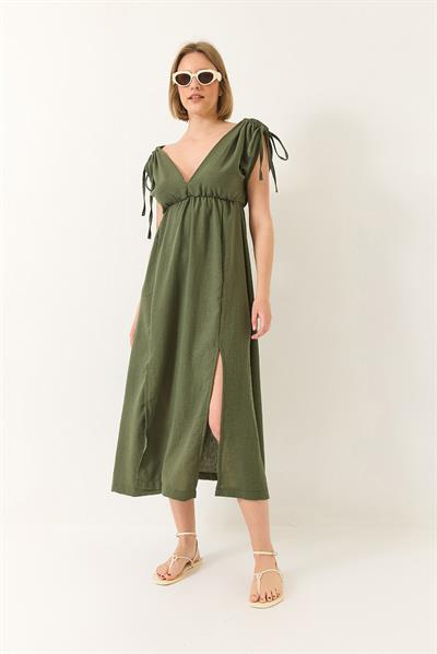 Kadın V Yaka Beli Lastikli Yırtmaçlı Bağlama Detaylı Keten Dokulu Elbise 437 60283175 - Haki