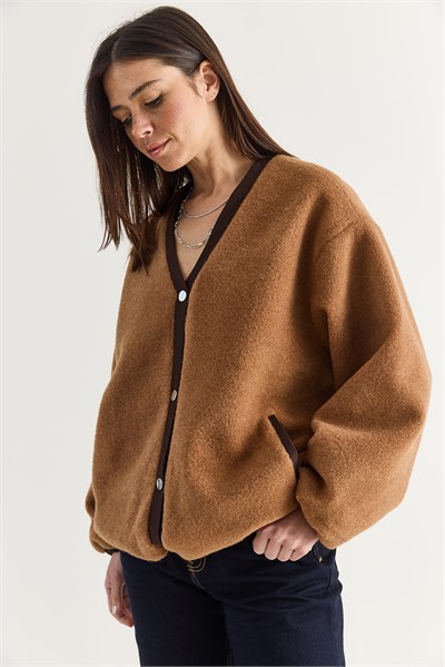 Kadın V Yaka Çıtçıt Düğmeli Astarlı Cep Detaylı Oversize Kaşe Ceket 60710 60286749 - Camel