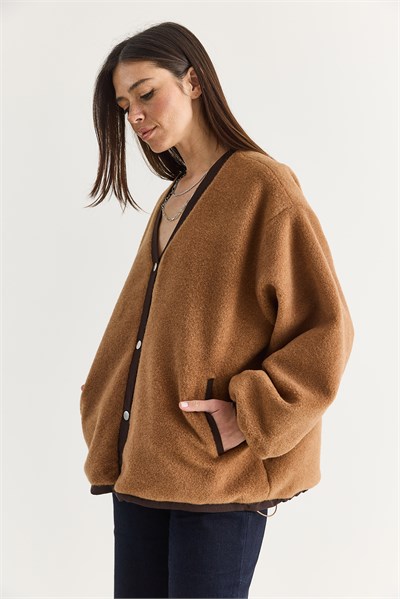 Kadın V Yaka Çıtçıt Düğmeli Astarlı Cep Detaylı Oversize Kaşe Ceket 60710 60286749 - Camel