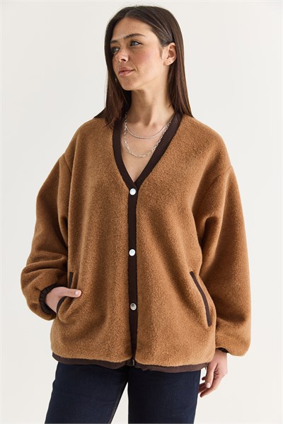 Kadın V Yaka Çıtçıt Düğmeli Astarlı Cep Detaylı Oversize Kaşe Ceket 60710 60286749 - Camel