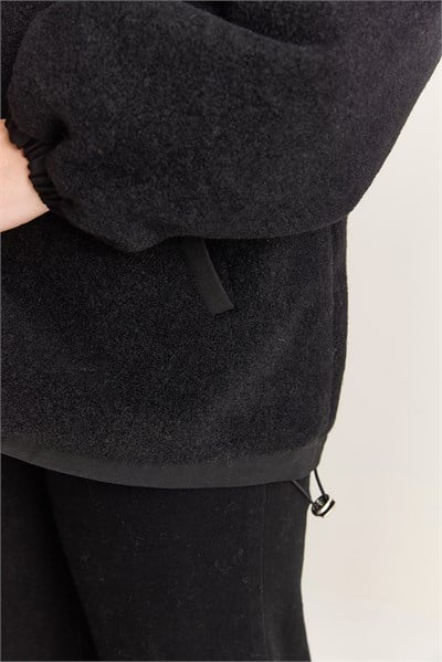 Kadın V Yaka Çıtçıt Düğmeli Astarlı Cep Detaylı Oversize Kaşe Ceket 60710 60286749 - Siyah