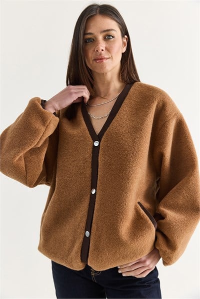 Kadın V Yaka Çıtçıt Düğmeli Astarlı Cep Detaylı Oversize Kaşe Ceket 60710 60286749 - Camel
