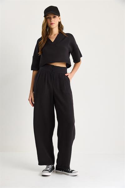 Kadın V Yaka Crop Çift Düğmeli Pantolon Modal Alt-Üst Takım 9330-1 60283505 - Siyah