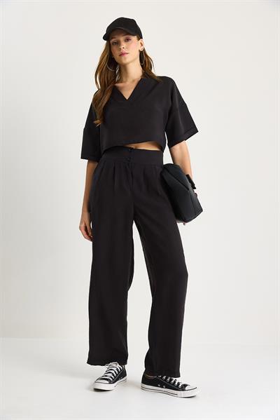 Kadın V Yaka Crop Çift Düğmeli Pantolon Modal Alt-Üst Takım 9330-1 60283505 - Siyah