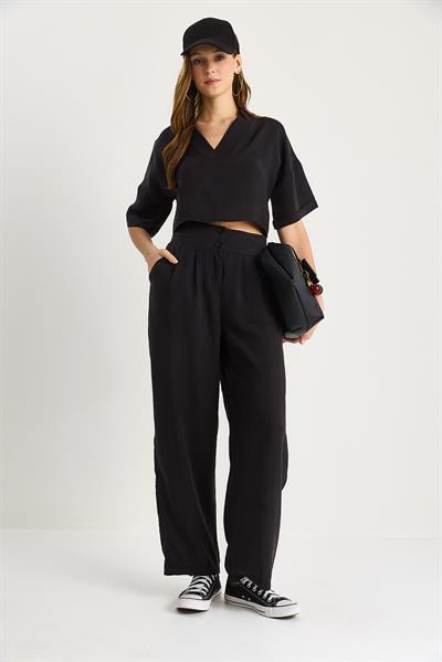 Kadın V Yaka Crop Çift Düğmeli Pantolon Modal Alt-Üst Takım 9330-1 60283505 - Siyah