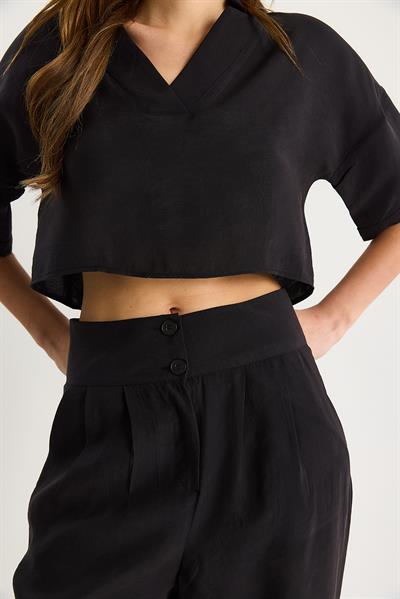 Kadın V Yaka Crop Çift Düğmeli Pantolon Modal Alt-Üst Takım 9330-1 60283505 - Siyah