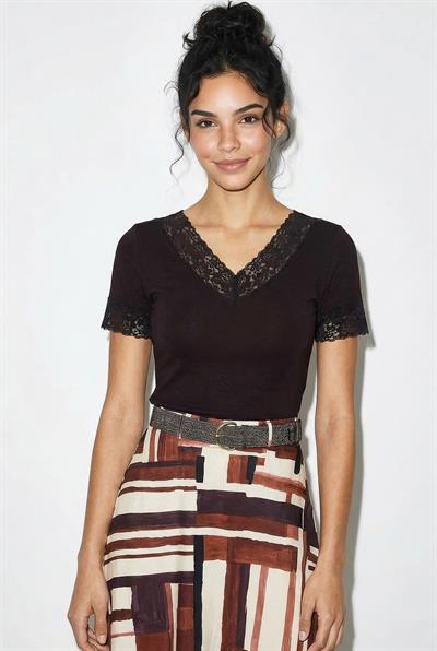 Kadın V Yaka Dantel Detaylı Soft Touch Bluz 0991 60286051 - Acı Kahve