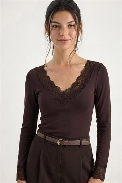 Kadın V Yaka Dantelli Viskon Bluz 1041 60283944 - Kahverengi