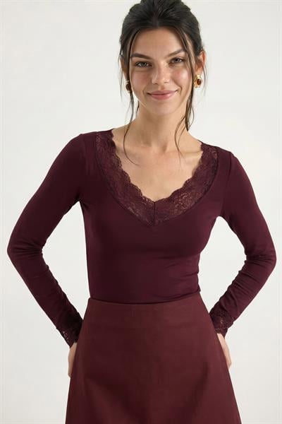 Kadın V Yaka Dantelli Viskon Bluz 1041 60283944 - Bordo