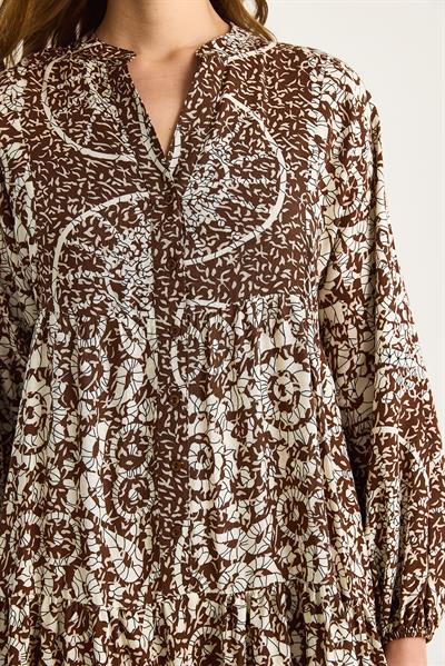 Kadın V Yaka Desenli Düğme Detaylı Maxi Viskon Elbise 2423 60283334 - Kahve