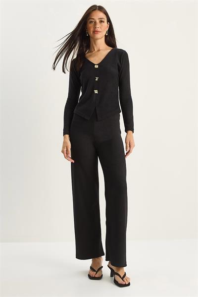 Kadın V Yaka Düğme Aksesuarlı Selanik Alt-Üst Takım 4107 60283782 - Siyah